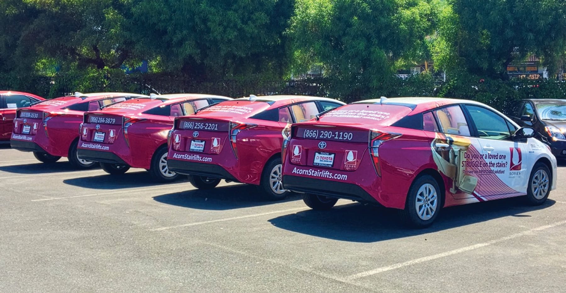 Four matching hatchbacks wrapped in magenta fleet graphics, lined up in a parking lot