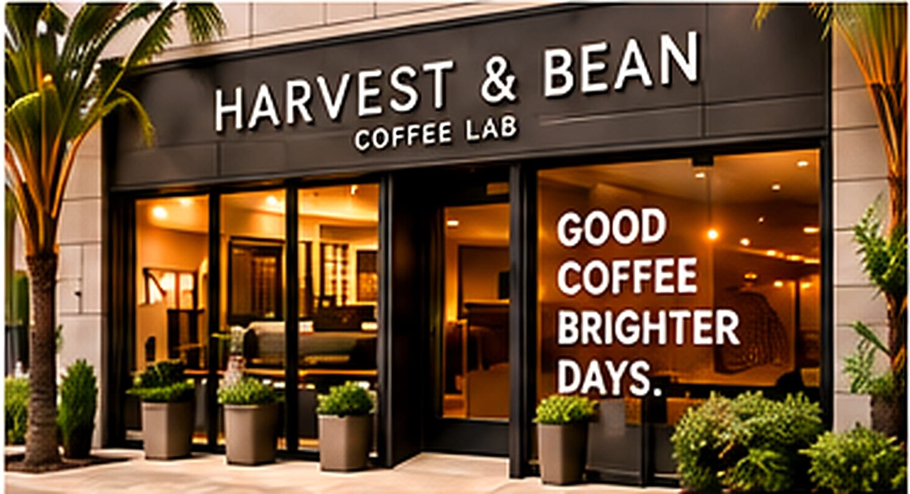 Coffee shop storefront with dimensional fascia lettering and white window graphics