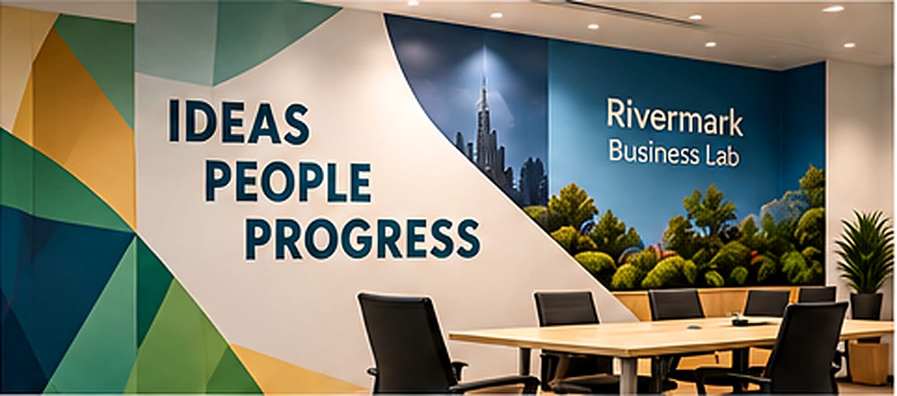 Conference room with a full-wall geometric mural, large wall lettering, and a branded photo panel
