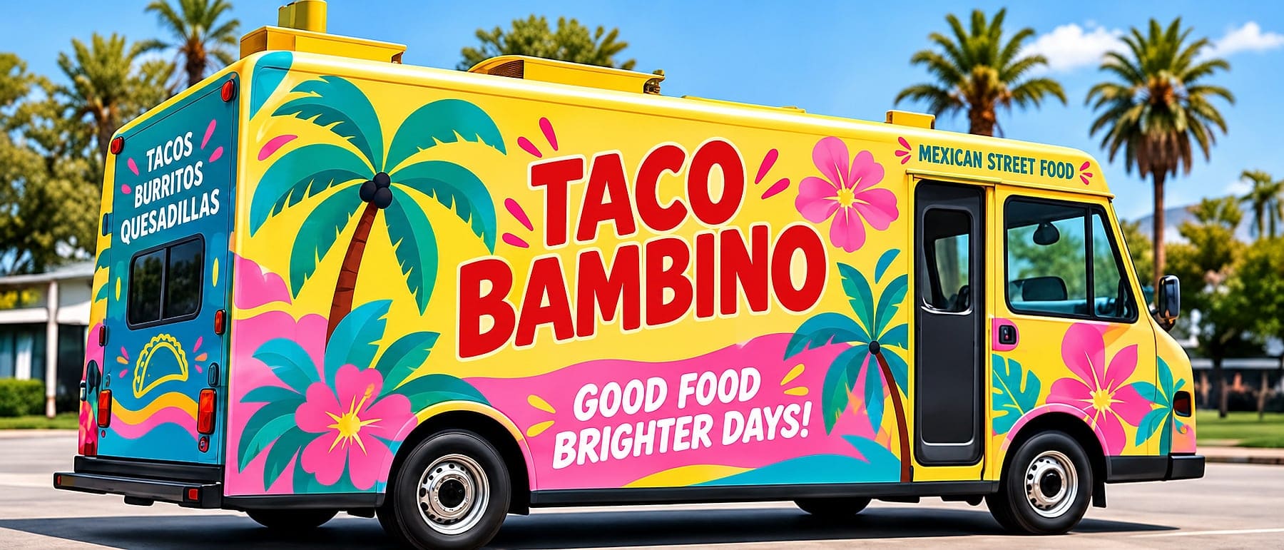 Bright yellow and pink illustrated food truck wrap with palm trees and flowers for a fictional taco brand