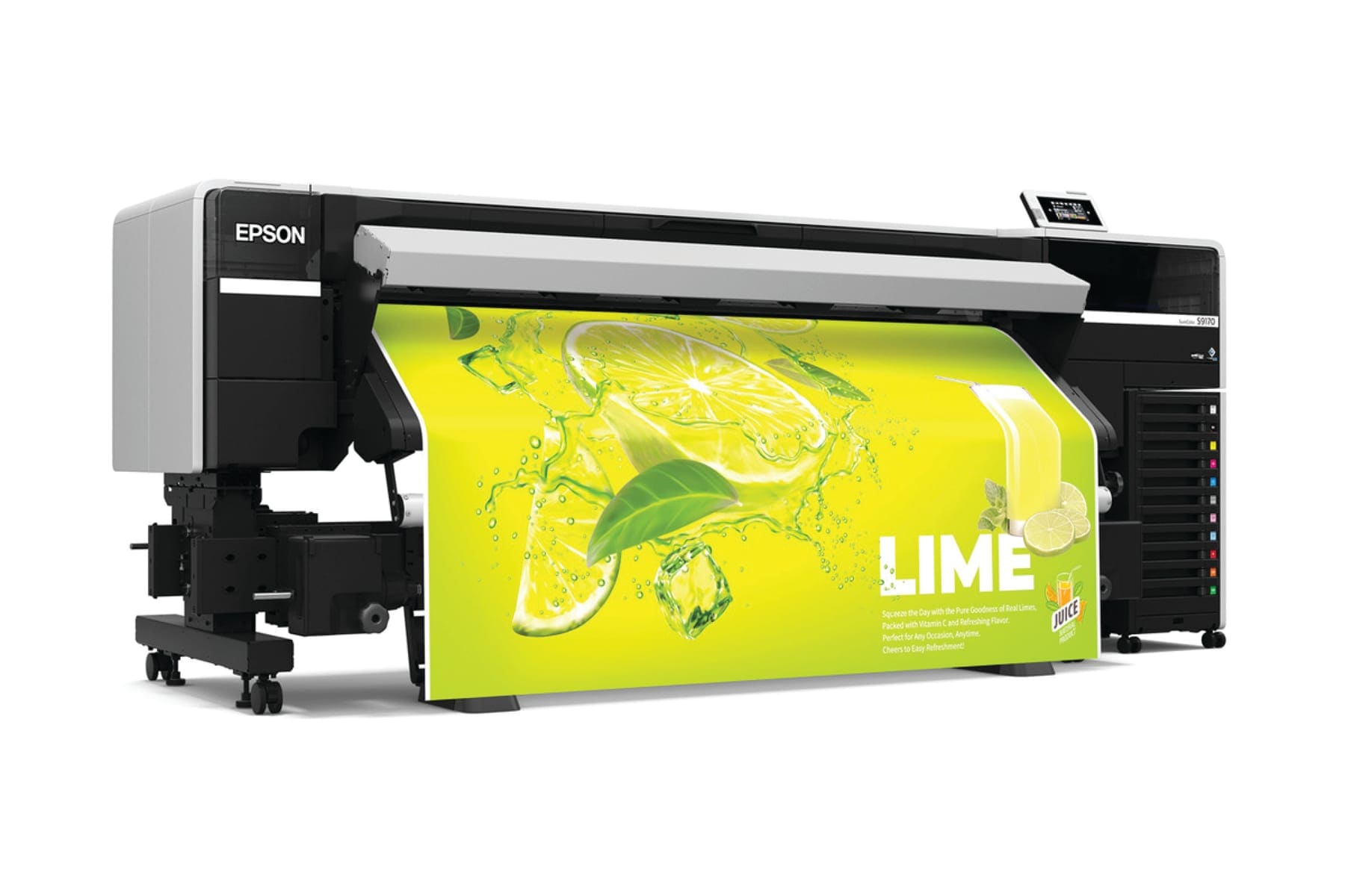 Epson wide-format printer producing a full-color juice advertisement on roll media