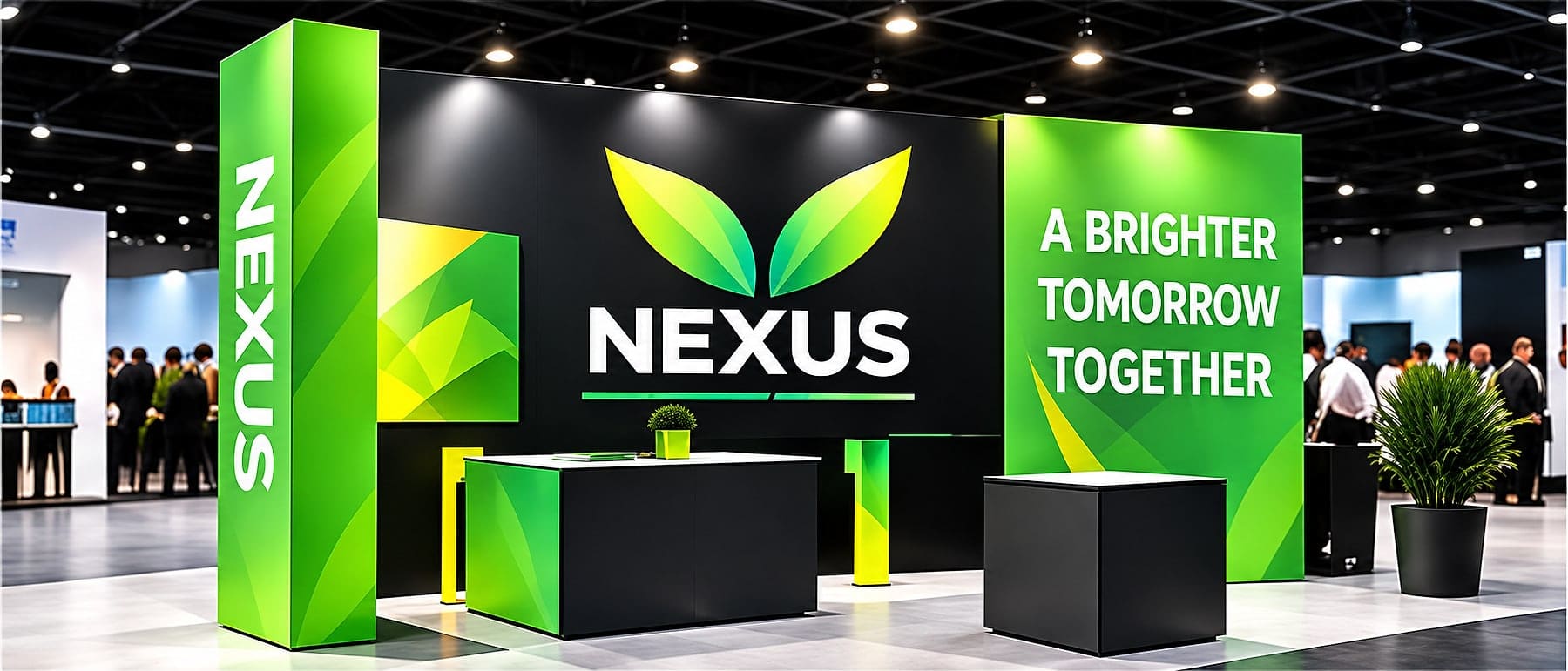 Green and black trade show exhibit with a leaf logo, printed tower, and counter graphics