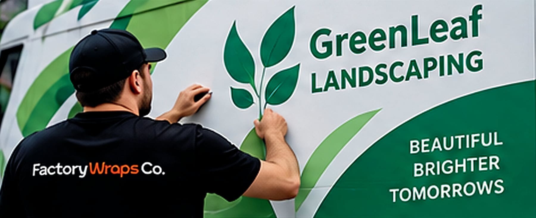 Factory Wraps installer smoothing a printed GreenLeaf Landscaping graphic onto a van panel